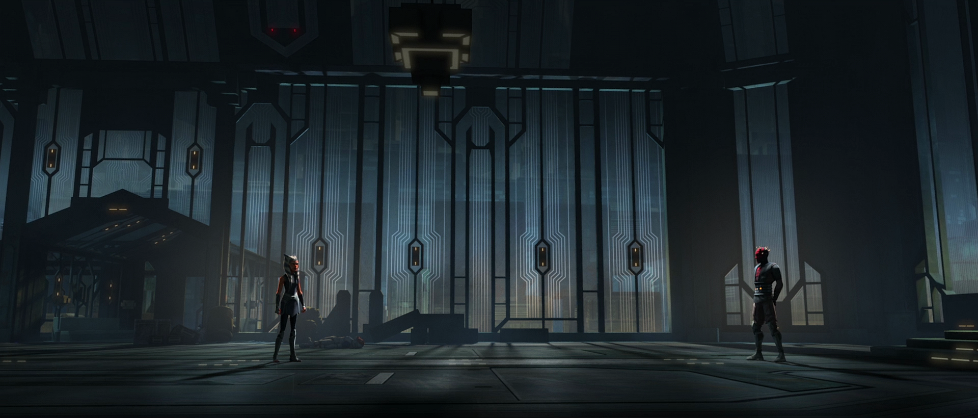 Maul and Ahsoka discuss on the throne room while battle ensues outside.