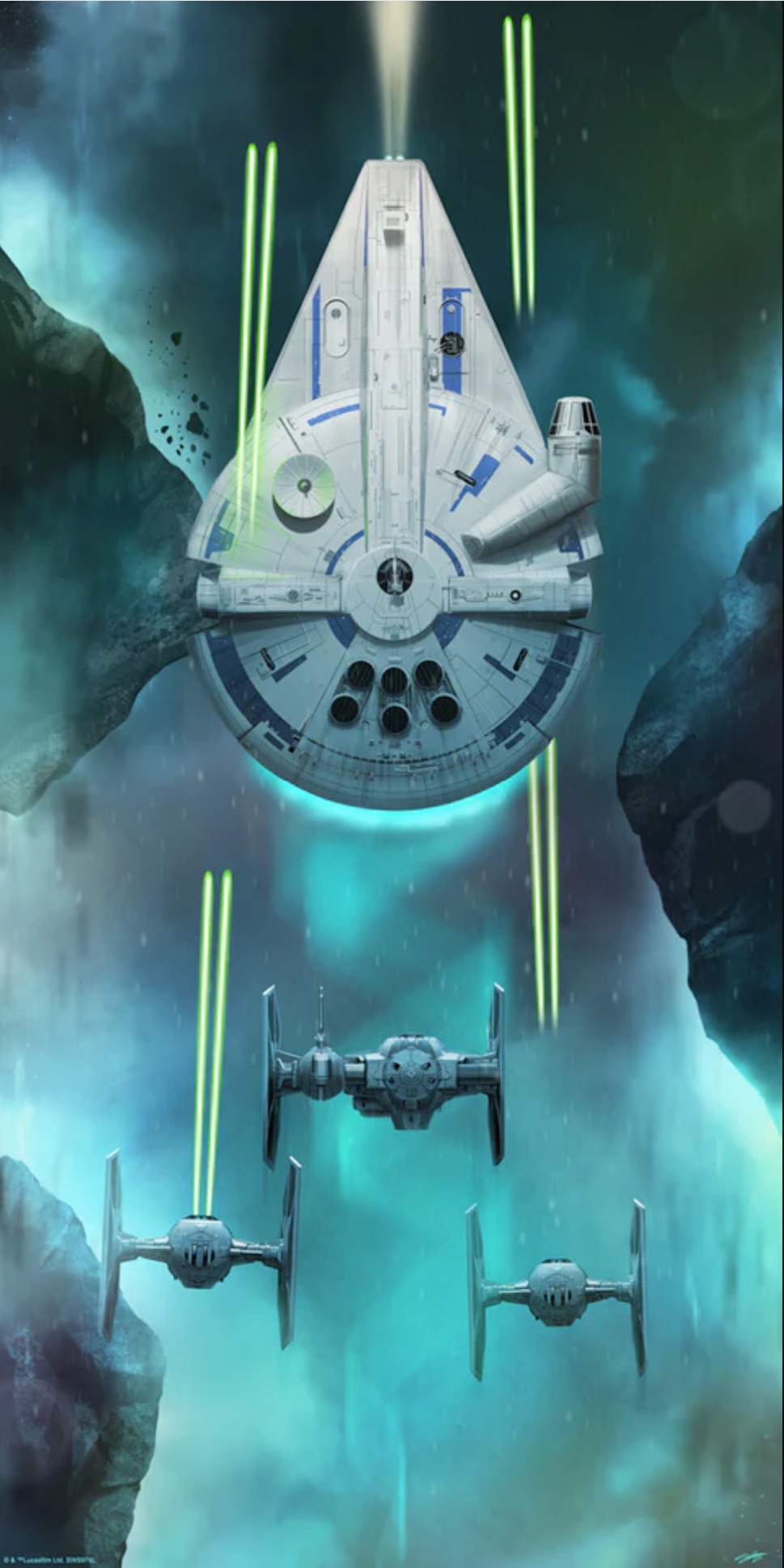 Imperial TIE fighters pursue the Millennium Falcon into the maelstrom around KEssel