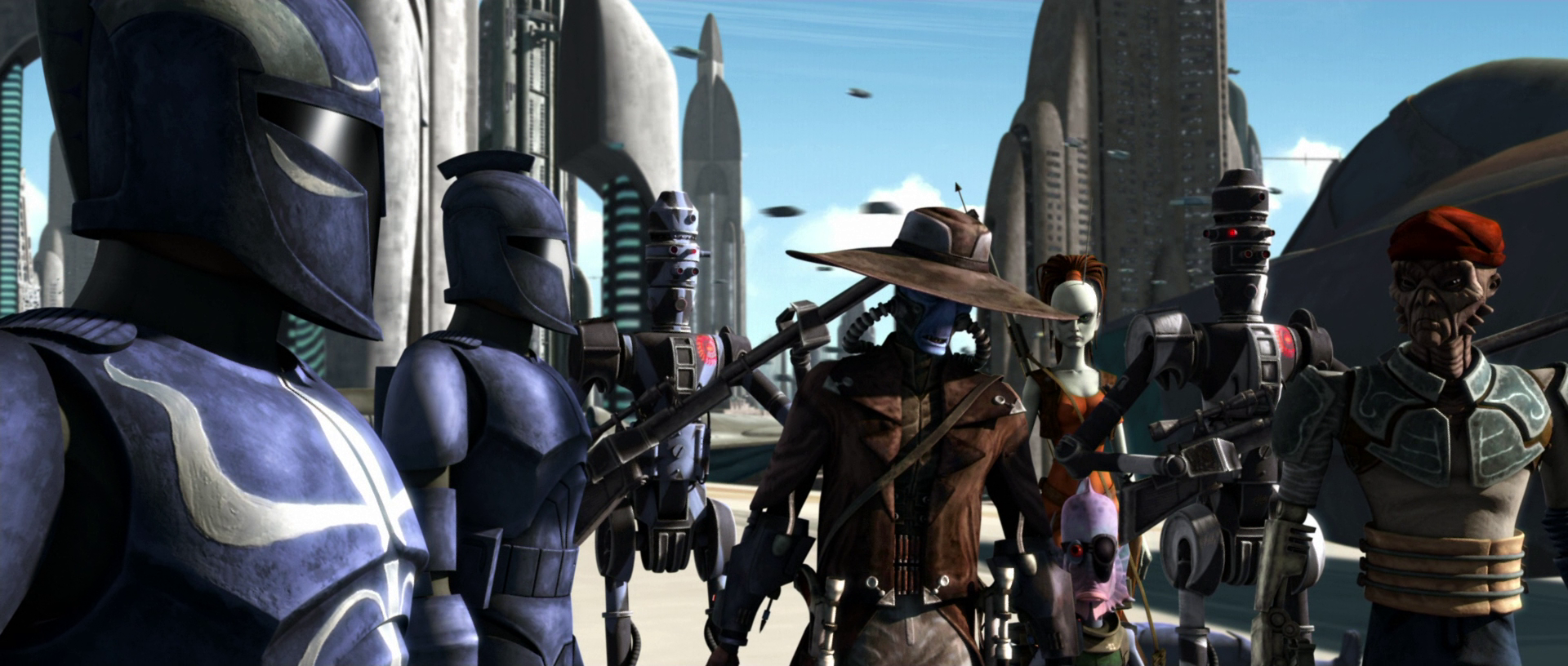 Cad Bane and his team outside the Republic Executive Building