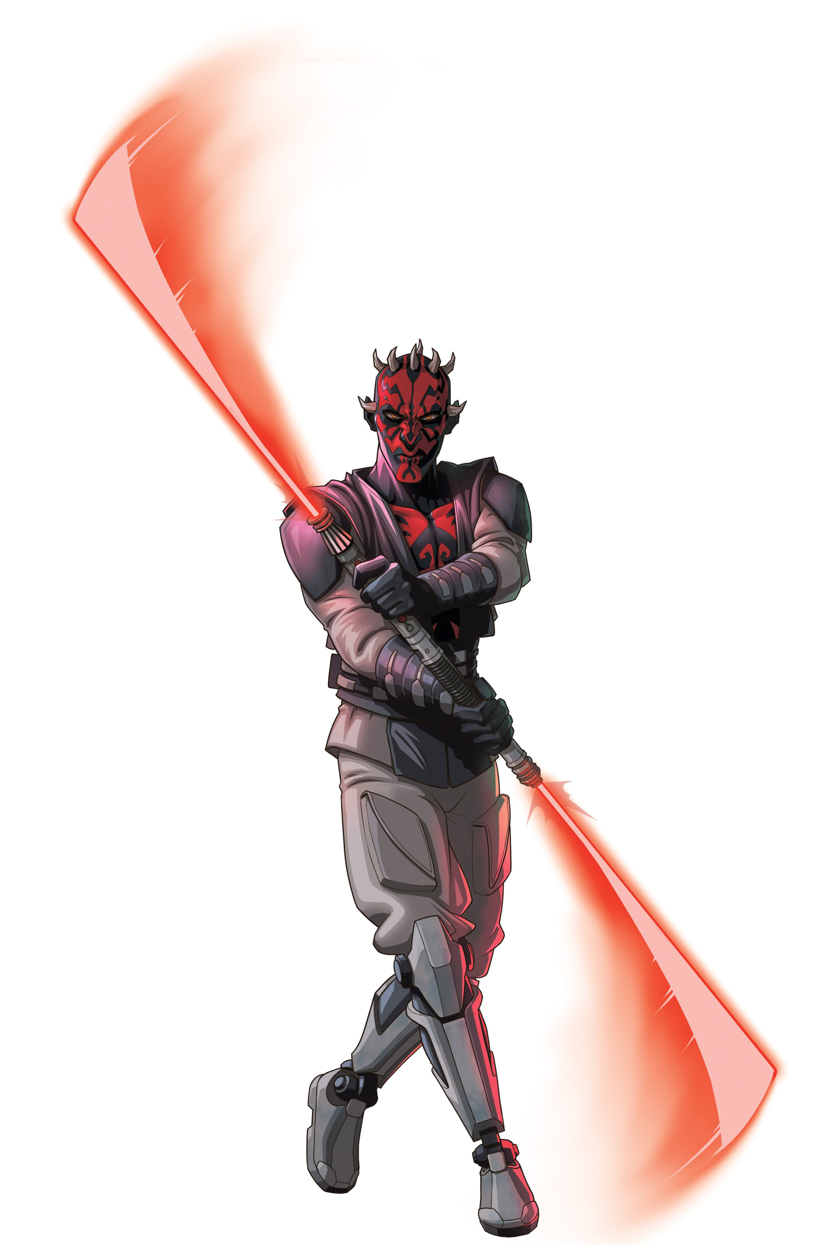 Maul wielded a lightsaber that served as both a Sith lightsaber and a double-bladed lightsaber.