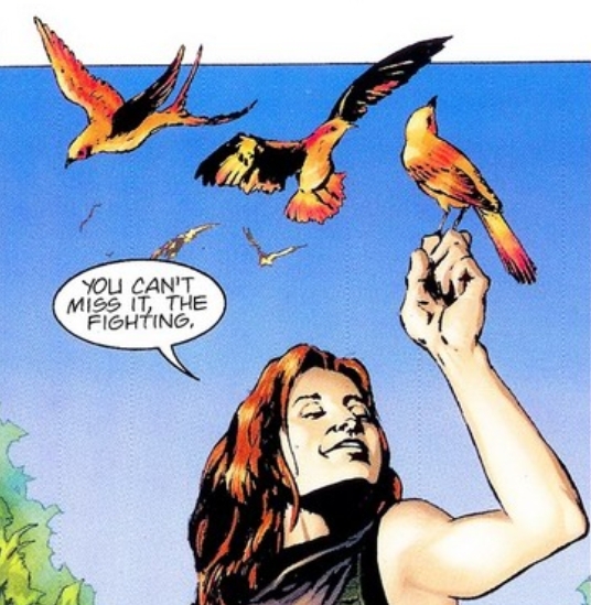 Mara Jade with a rdava-bird on her finger.