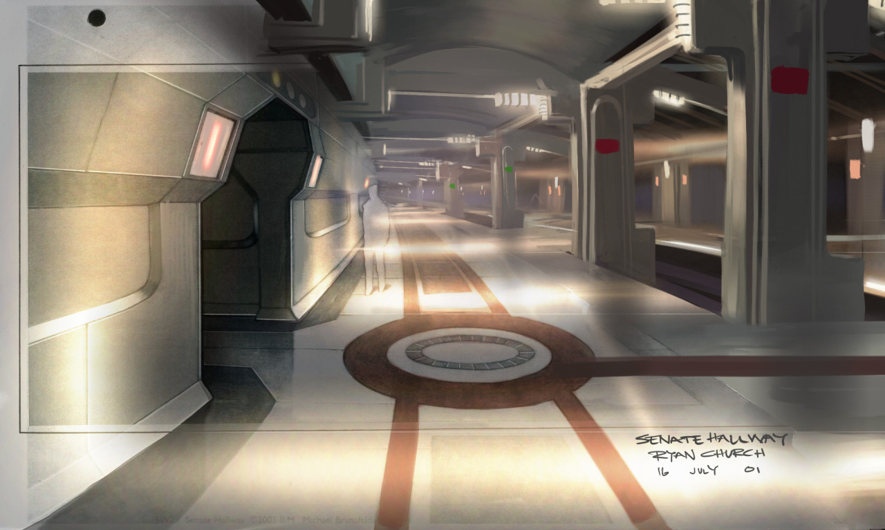 Concept art by Ryan Church of one of the Senate Building's hallways.