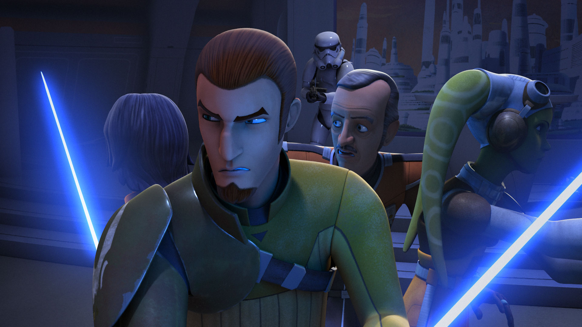 Jarrus, Bridger, and Syndulla protecting Gall Trayvis.