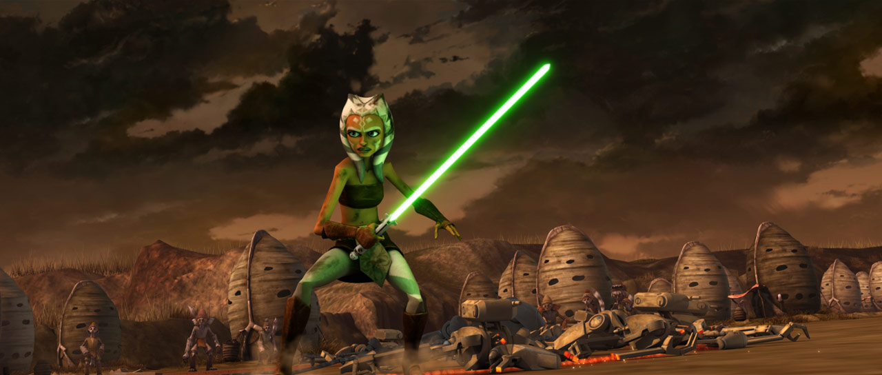 Ahsoka helps defend the Lurmen village on Maridun.