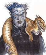 A blue-skinned humanoid with his Ysalamir pet.