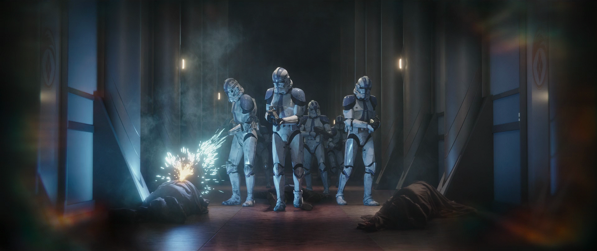 A group of clone troopers pick off Jedi while approaching Grogu's position.