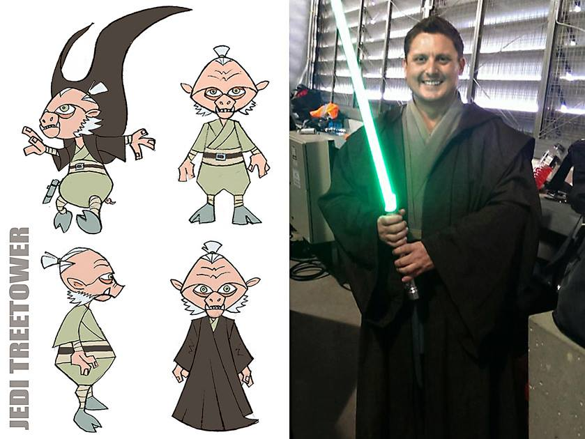 Character designs of Treetower and Stewart wearing his Jedi costume based on the character