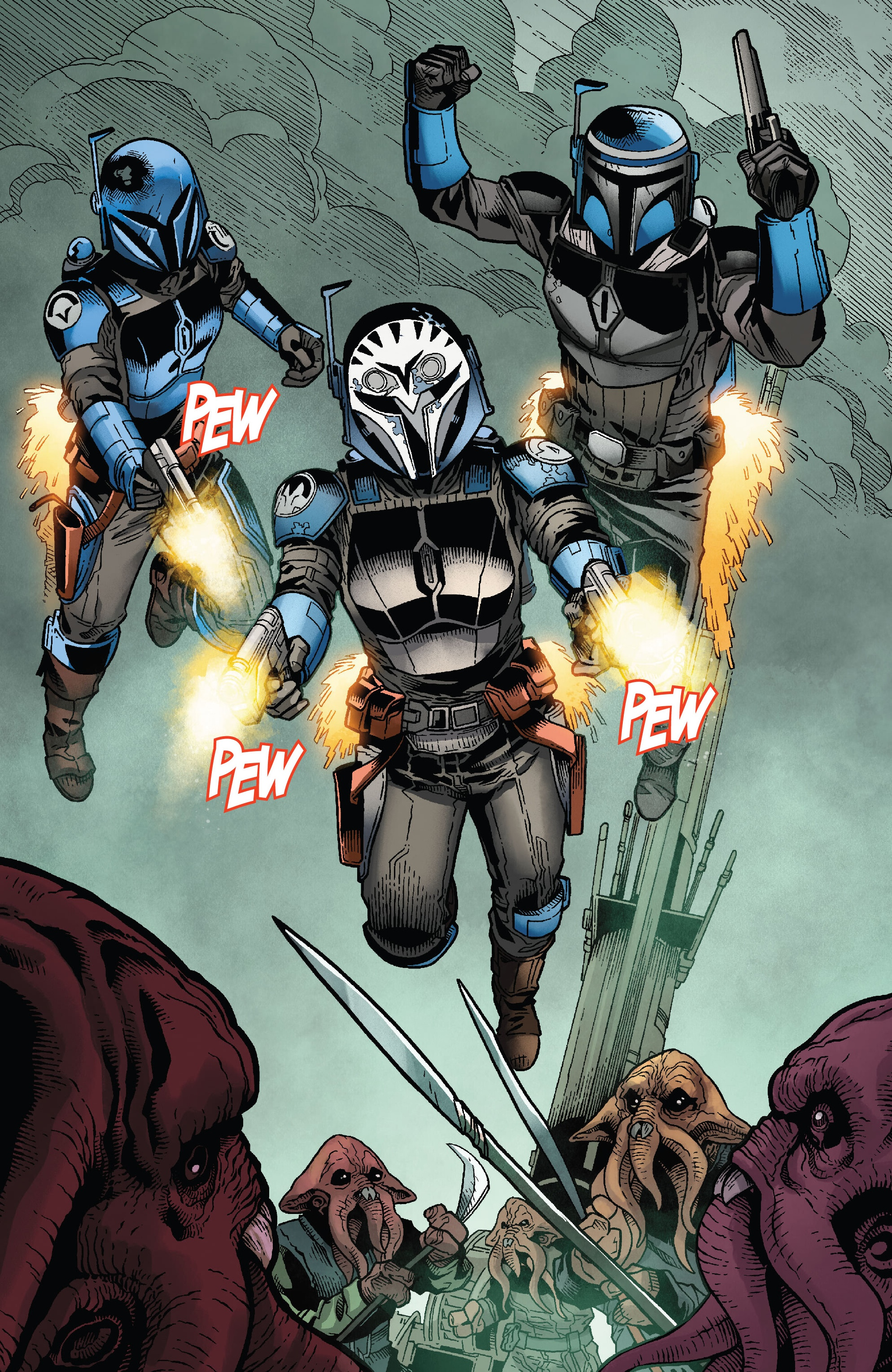 Bo-Katan Kryze and her followers attack Quarren fishermen to save Din Djarin.