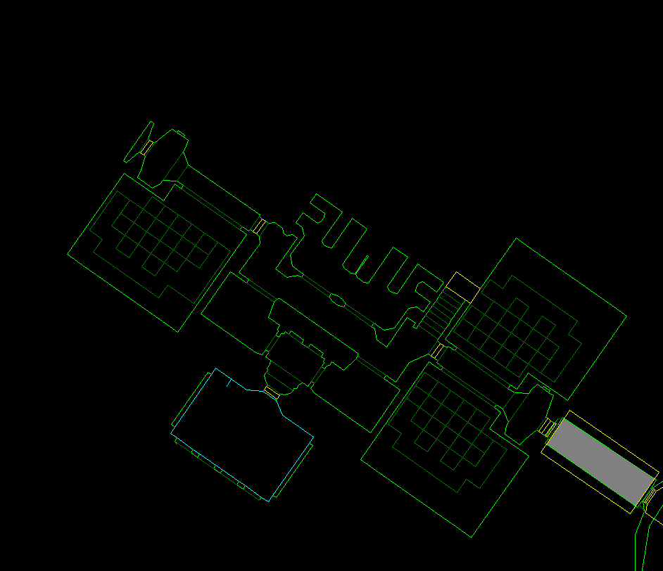 Map of the shp in mission 11, docked on Ergo. The cargo bays are full of containers. The areas inaccessible to the scenario are not designed by the game engine.