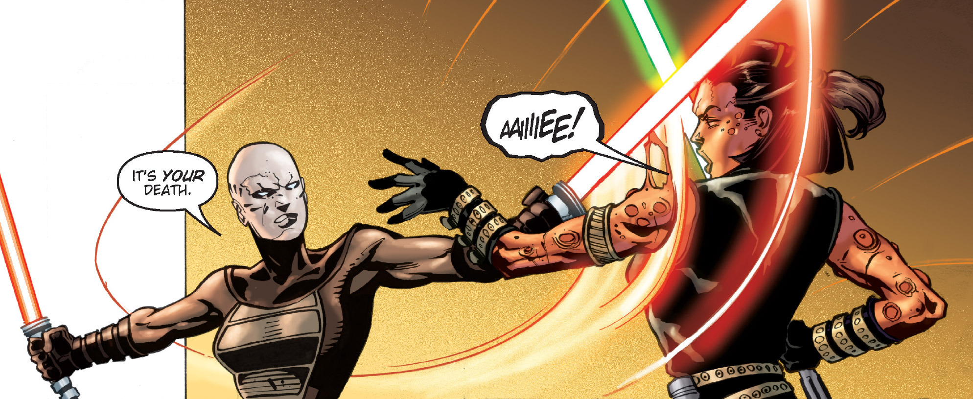 Zule loses her arm to Asajj Ventress.