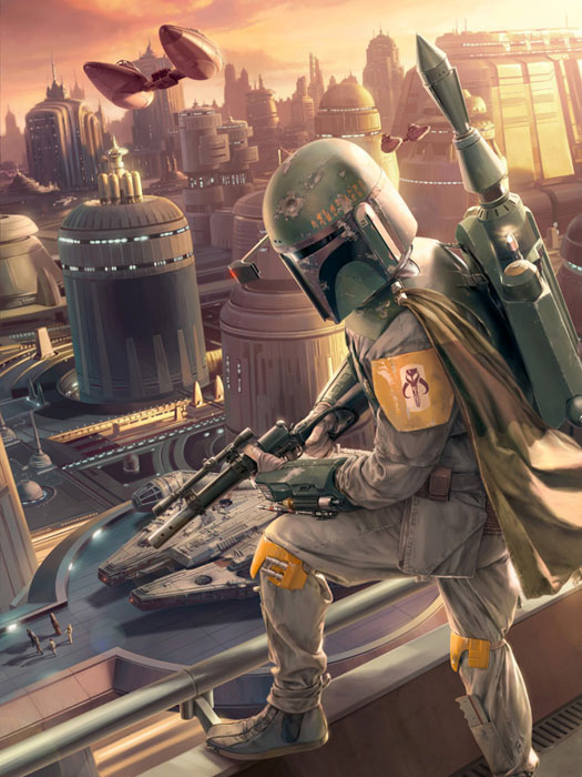 Boba Fett overlooks Platform 327 as the Millennium Falcon arrives at Cloud City.