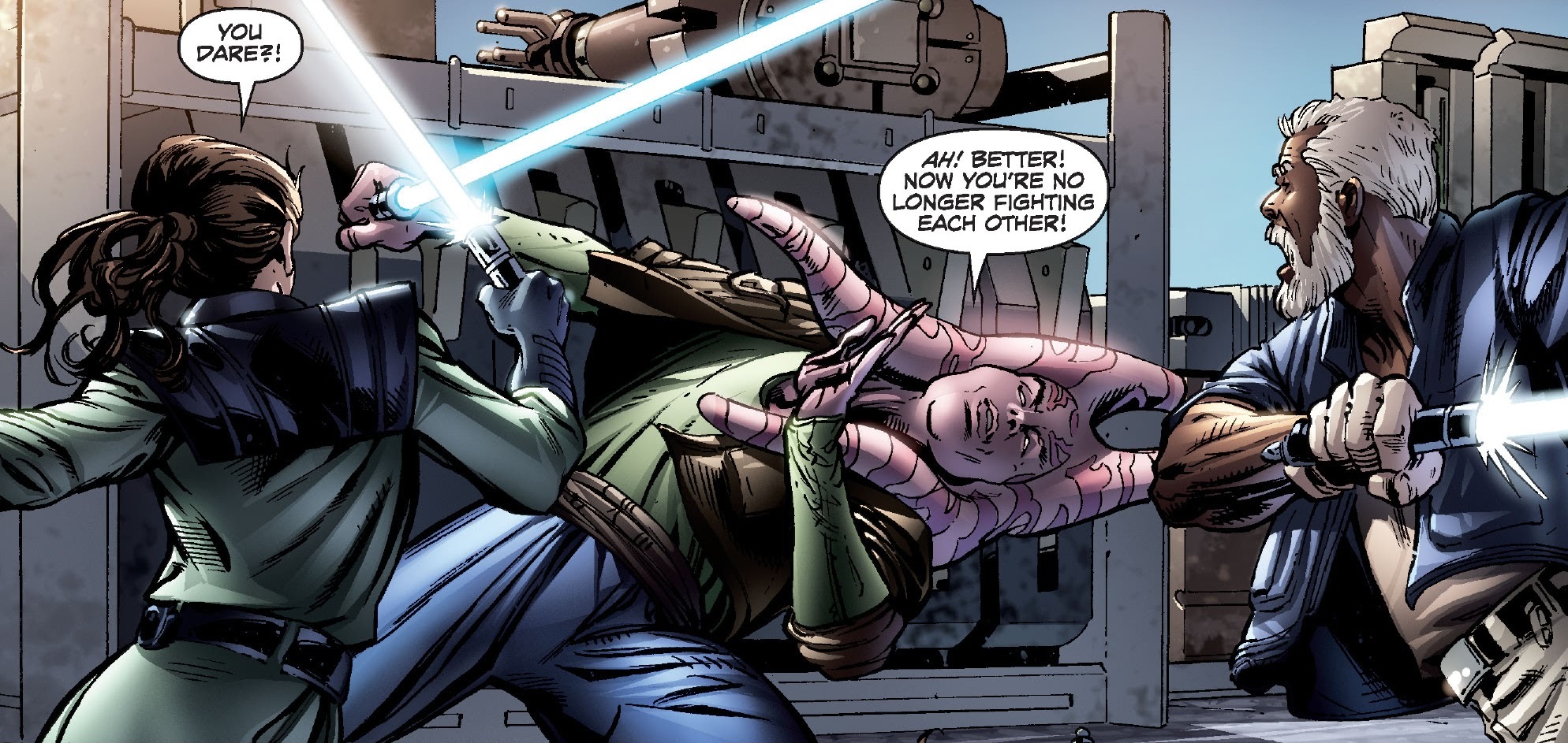 Jedi Master Asaak Dan halts Dare's attempt to kill her former Master.