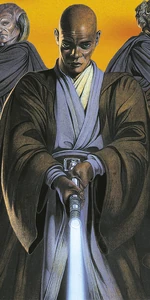 Windu with blue-bladed lightsaber ignited.