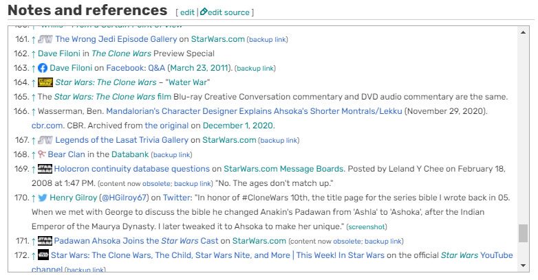 Wookieepedia has many different citation templates as seen here on the Ahsoka Tano page's reference list.