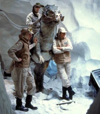 Palo Torshan (left) stands beside a tauntaun in Echo Base.