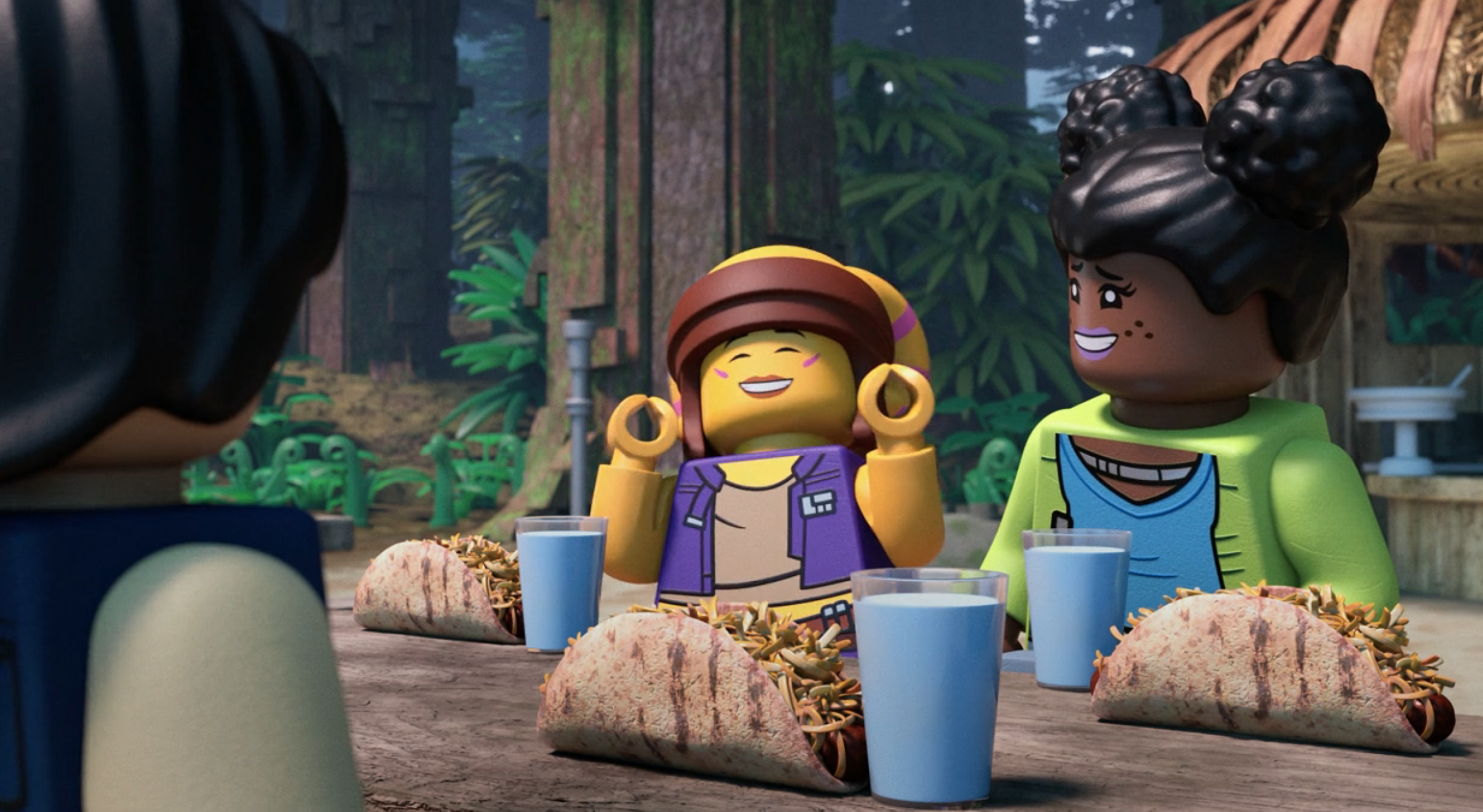 Ben Solo, Mahlnor, and Sidero are served Ronto Wraps on Endor in LEGO Star Wars Summer Vacation.