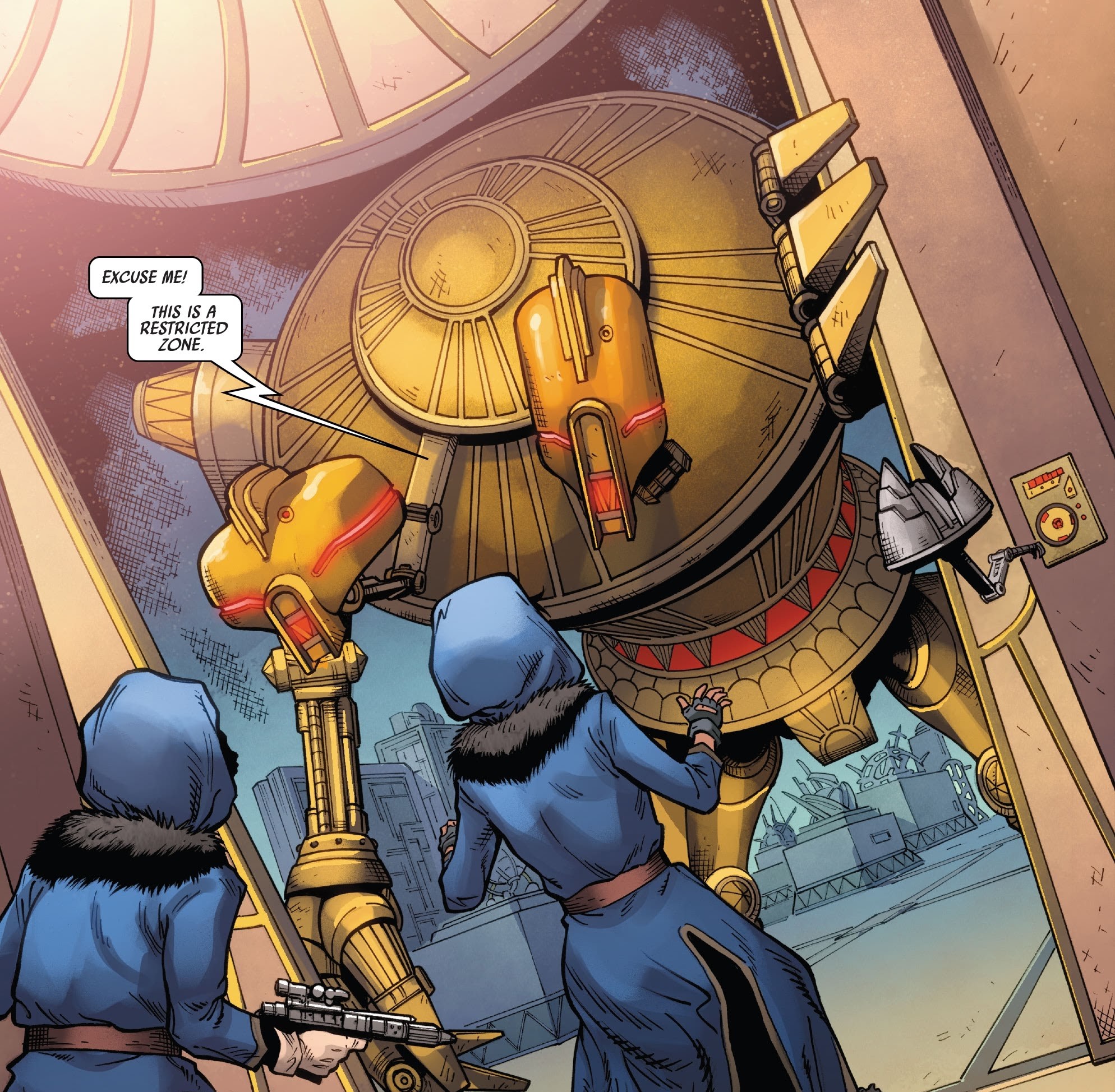 Chelli Aphra and Sana Starros are apprehended by one of Crimson Dawn's A3L-N Sentinel droids.