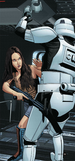 Anandra Milon, looking frightened, pushses the stormtrooper back on a walkway while pulling his E-11 blaster from its holster. The stormtrooper's hands raised over his head, with a pair of binders losely gripped in one.