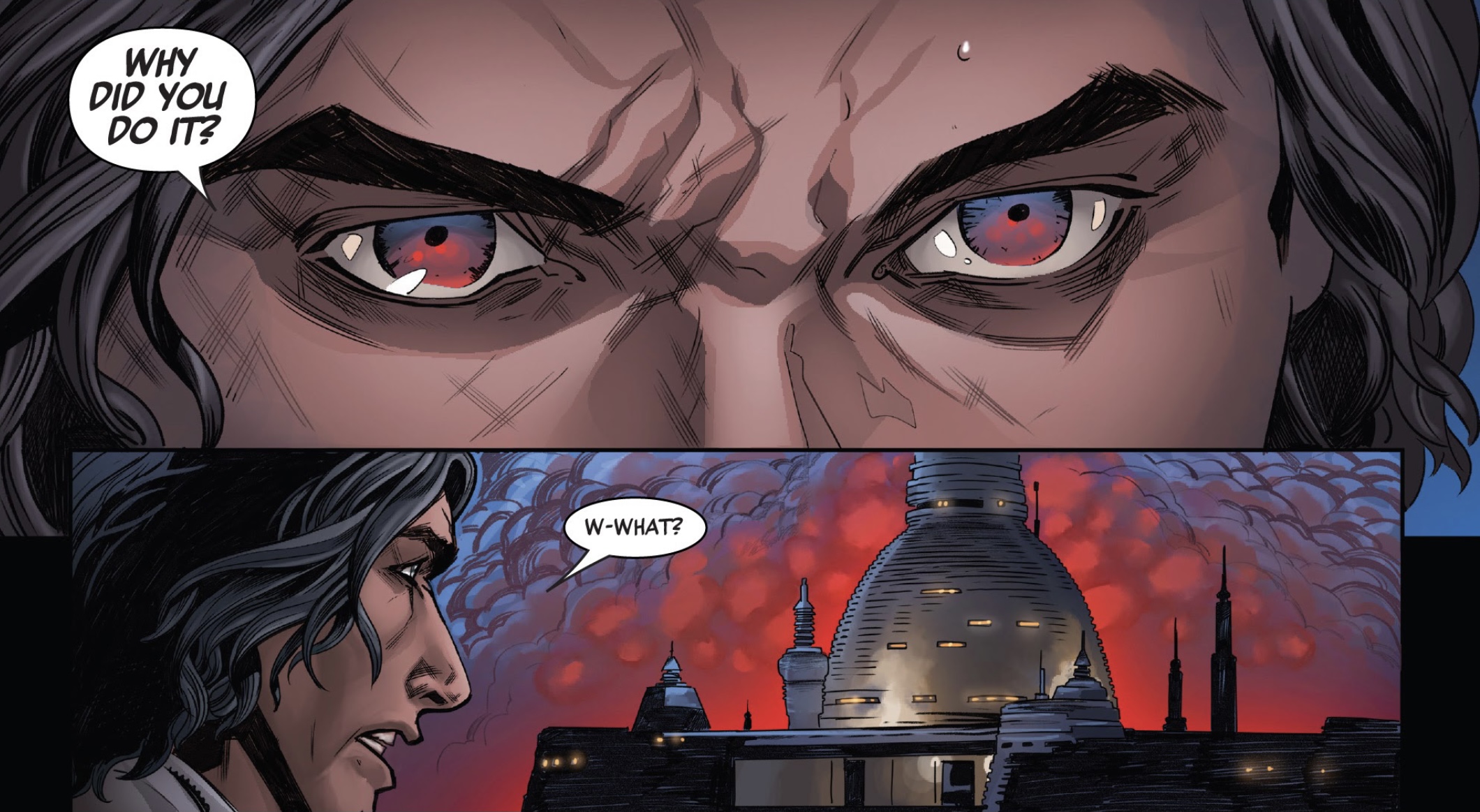 Red eyes and red clouds—Ben Solo creates a lightning storm to destroy Luke Skywalker's temple as his fear, anger, and hate consume him.