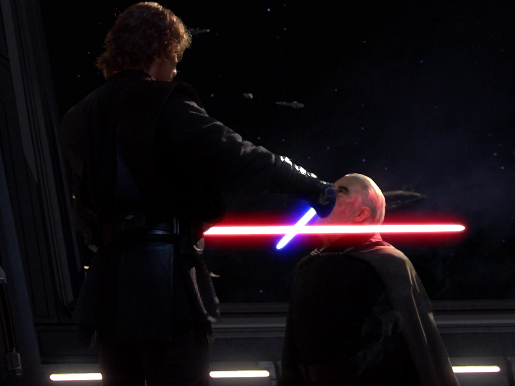 Anakin Skywalker prepares to use his lightsaber to execute Count Dooku during their final encounter.