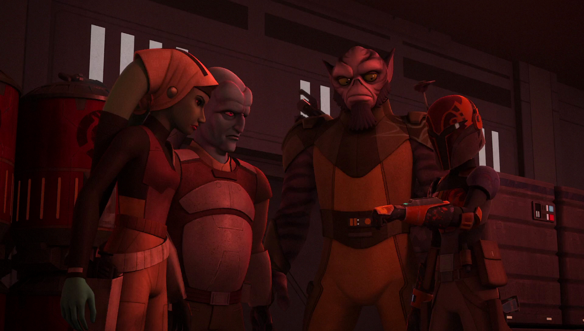 Gobi Glie and his fellow rebels listen to Hera over Sabine's comm.