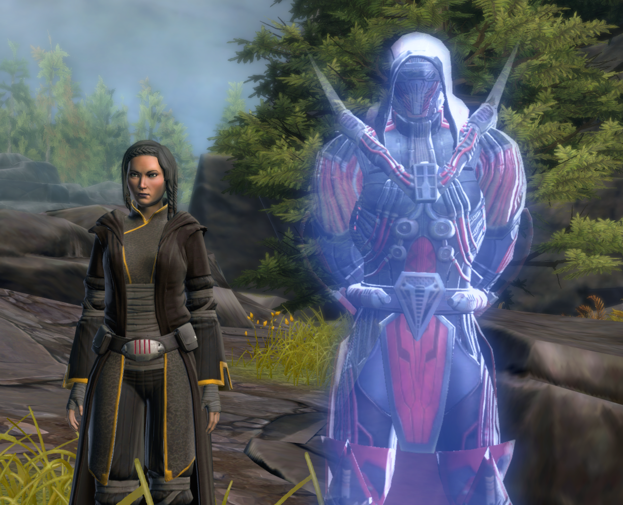 The Force ghost of Darth Marr joining Satele Shan in her exile on Odessen.