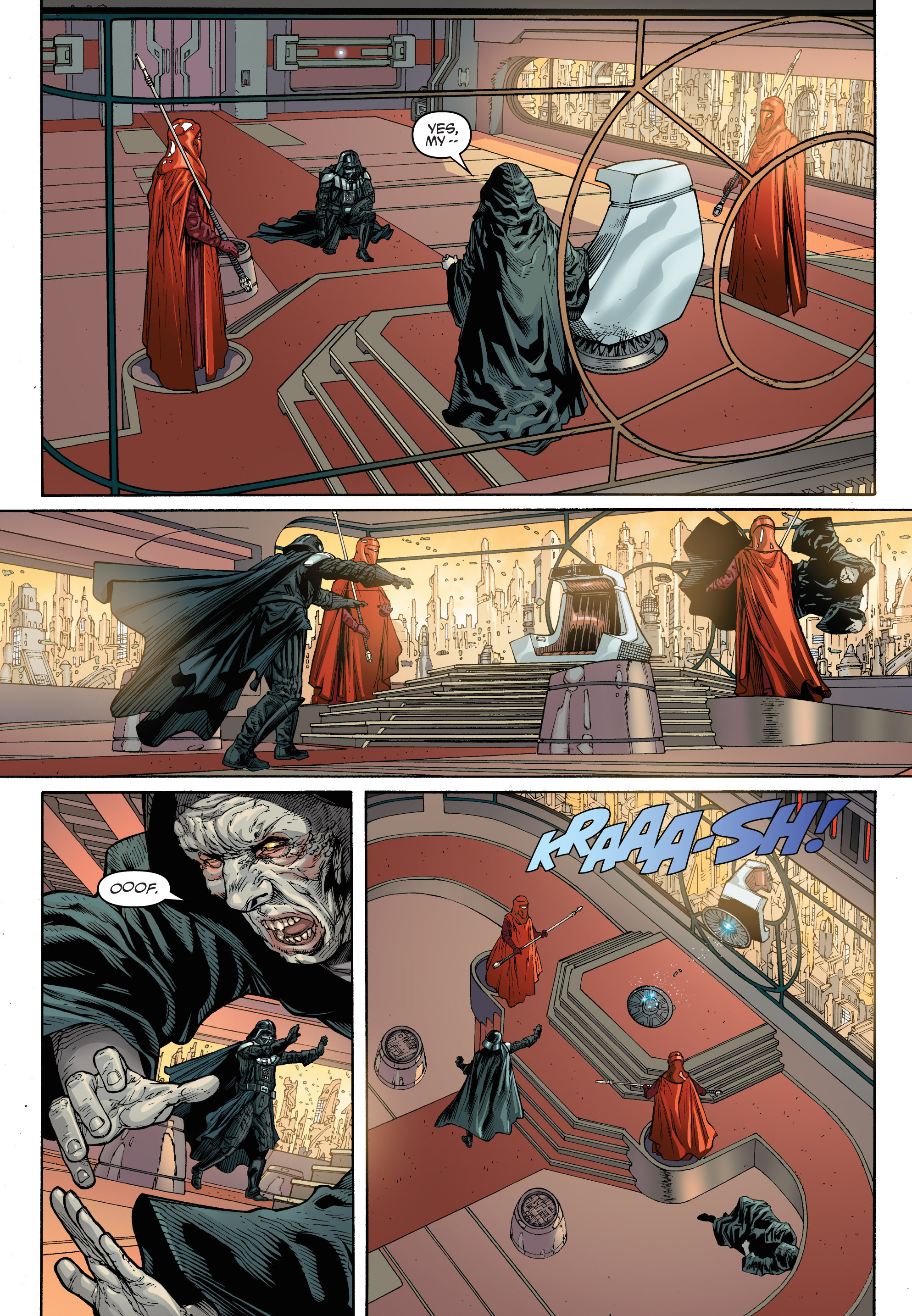 Vader, in an unorthodox manner, saves Palpatine from an assassination attempt.