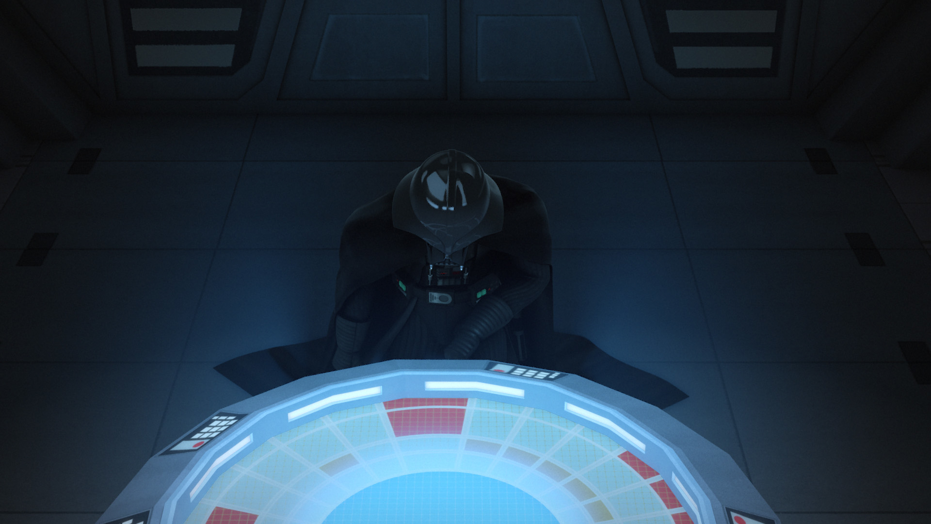 Vader kneels before the Emperor onboard a Star Destroyer.