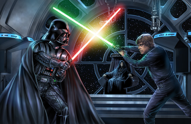 The Emperor observes the duel between Darth Vader and Luke Skywalker.