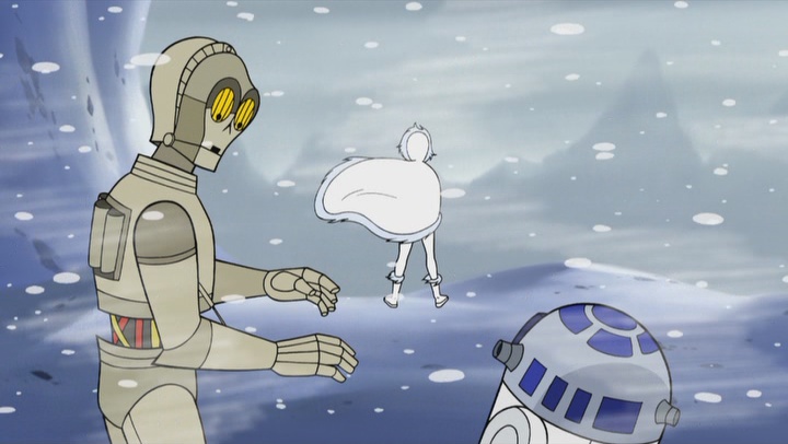 C-3PO and R2-D2 follow Amidala into an Ilum blizzard.