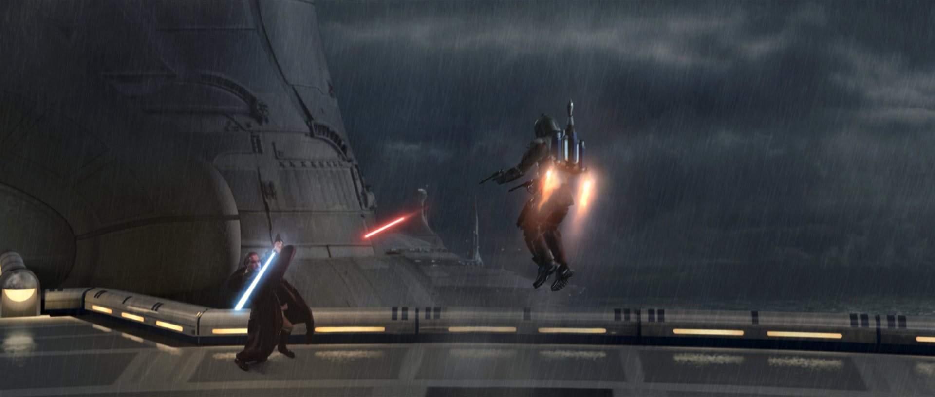 Kenobi fights bounty hunter Jango Fett on Kamino.