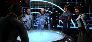 Rex, Cody, Anakin Skywalker, and Obi-Wan Kenobi examine the encrypted transmission from Grievous.