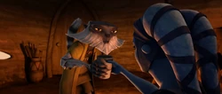 Tee Watt Kaa offers tea to General Aayla Secura.