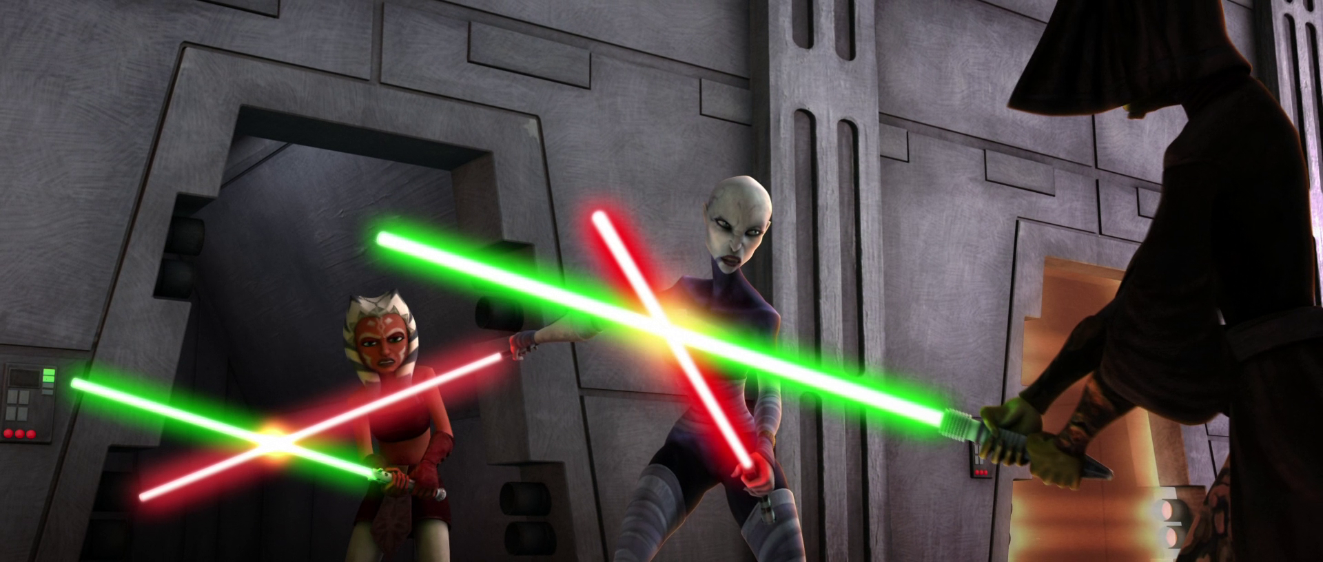 Asajj Ventress engages Luminara Unduli and Ahsoka Tano.