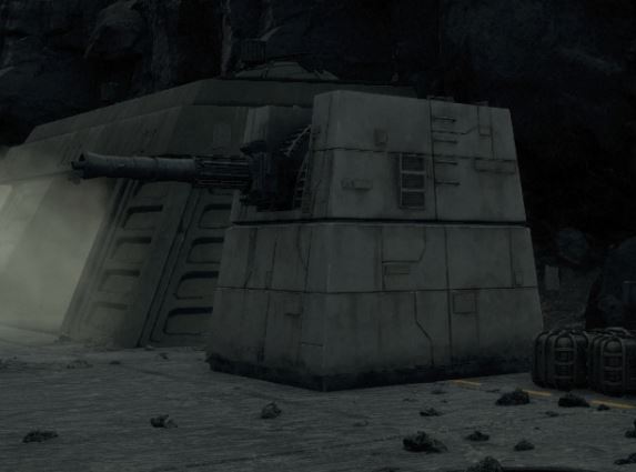 A single-barrel turbolaser turret on an Imperial base