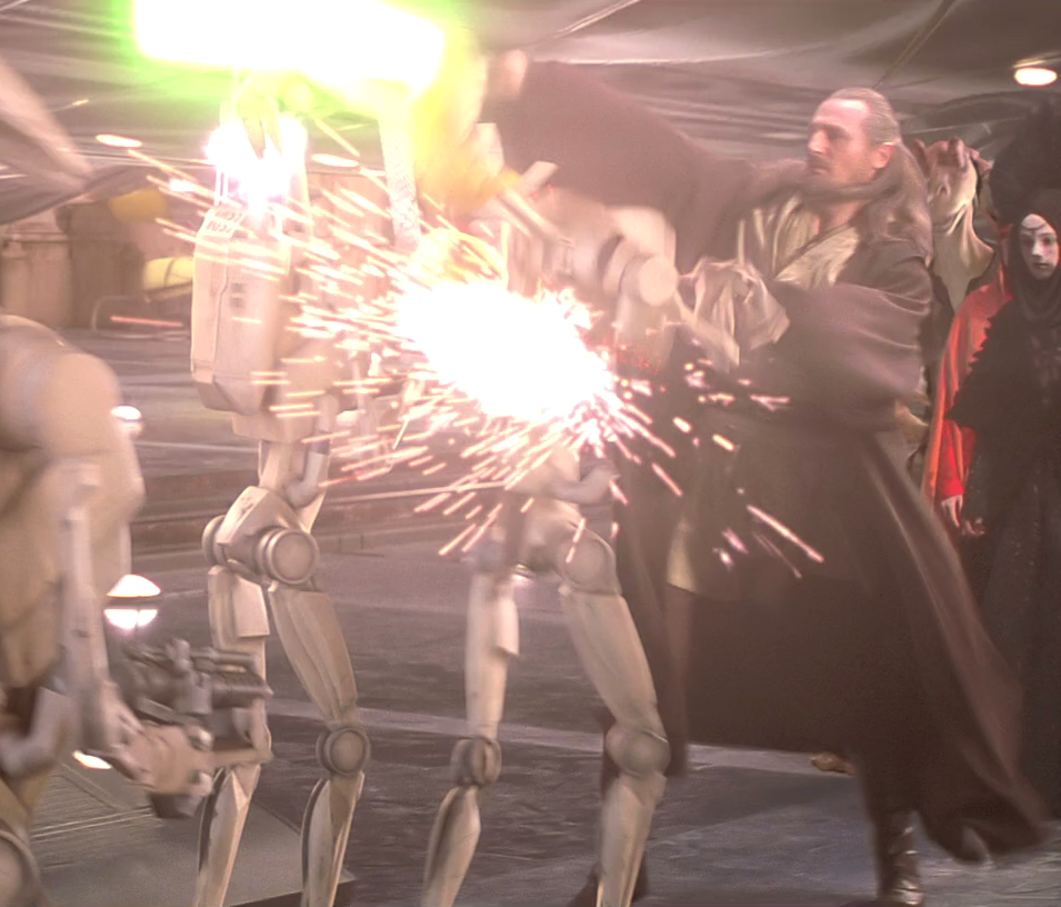 3B3-1204 and his unit leader are destroyed by Qui-Gon Jinn.