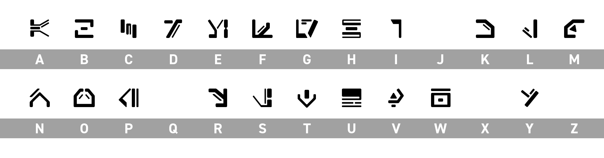 A representation of the Dishabesh font. Note that the letters J, Q, X, and Z have not yet been identified, and are therefore left blank.