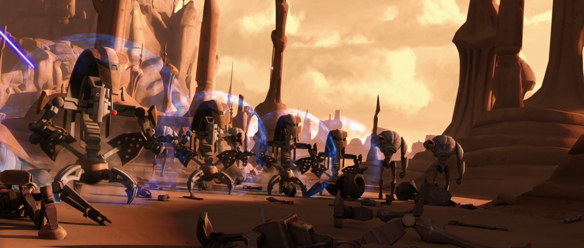 Droidekas and super battle droids during the Second Battle of Geonosis.