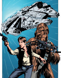 Famous smuggler duo Han Solo and Chewbacca, with their ship, the Millennium Falcon