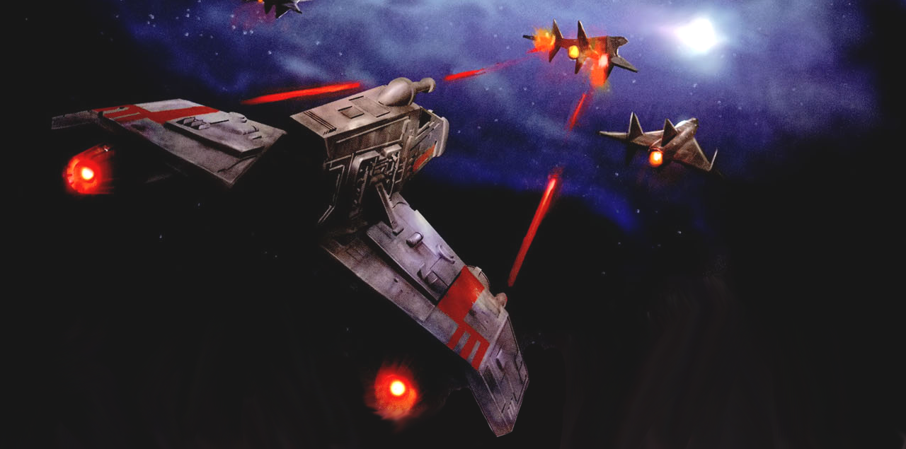 An E-wing fighter fires on a pair of orbital jumpers.