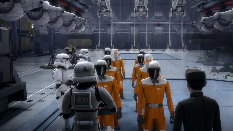 Grand Admiral Thrawn inspects the workers of the production plant.