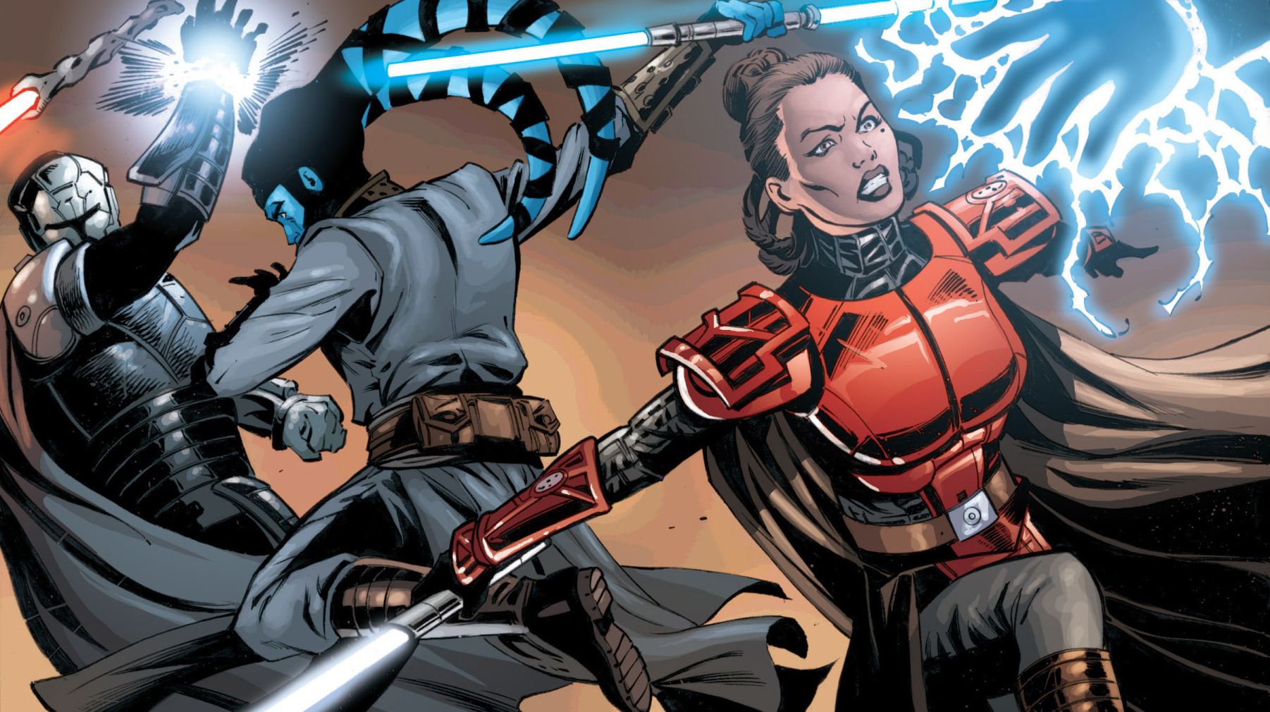 Dare and Shado Vao battle Sith troopers on Coruscant.