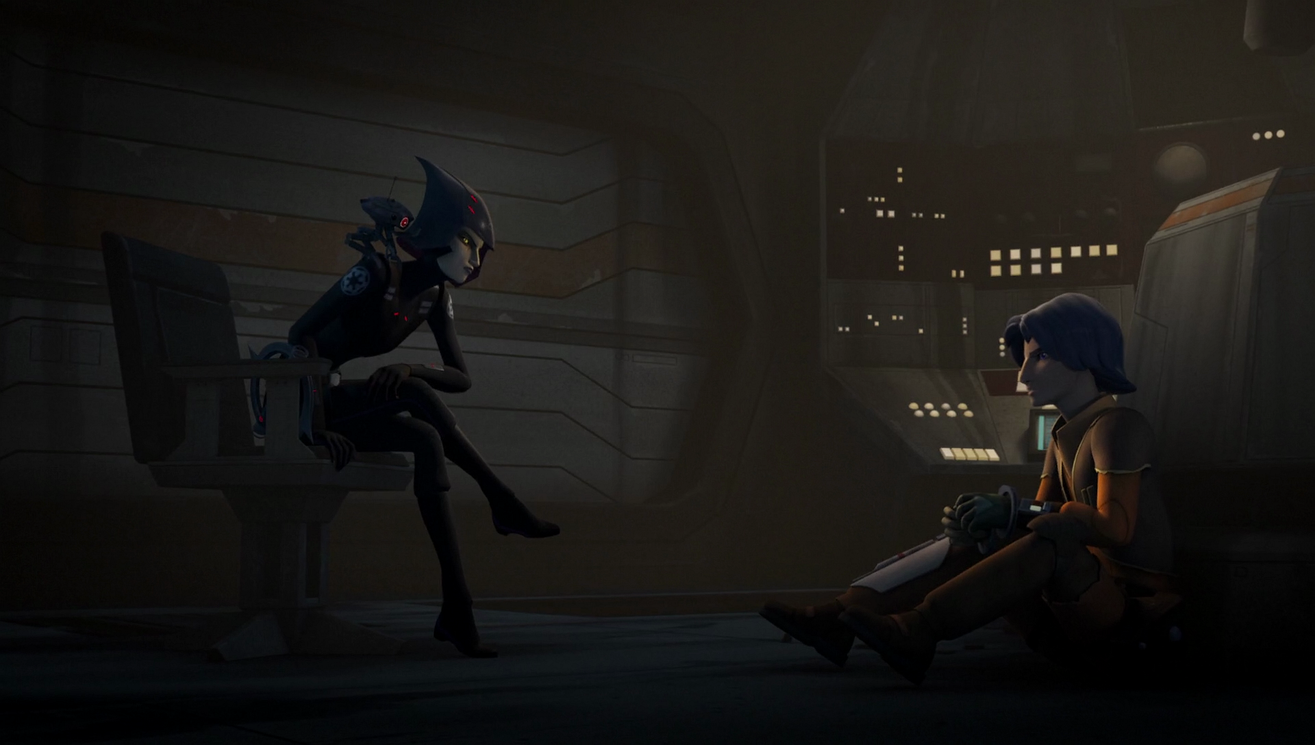 The Seventh Sister interrogates Bridger in the station control room.