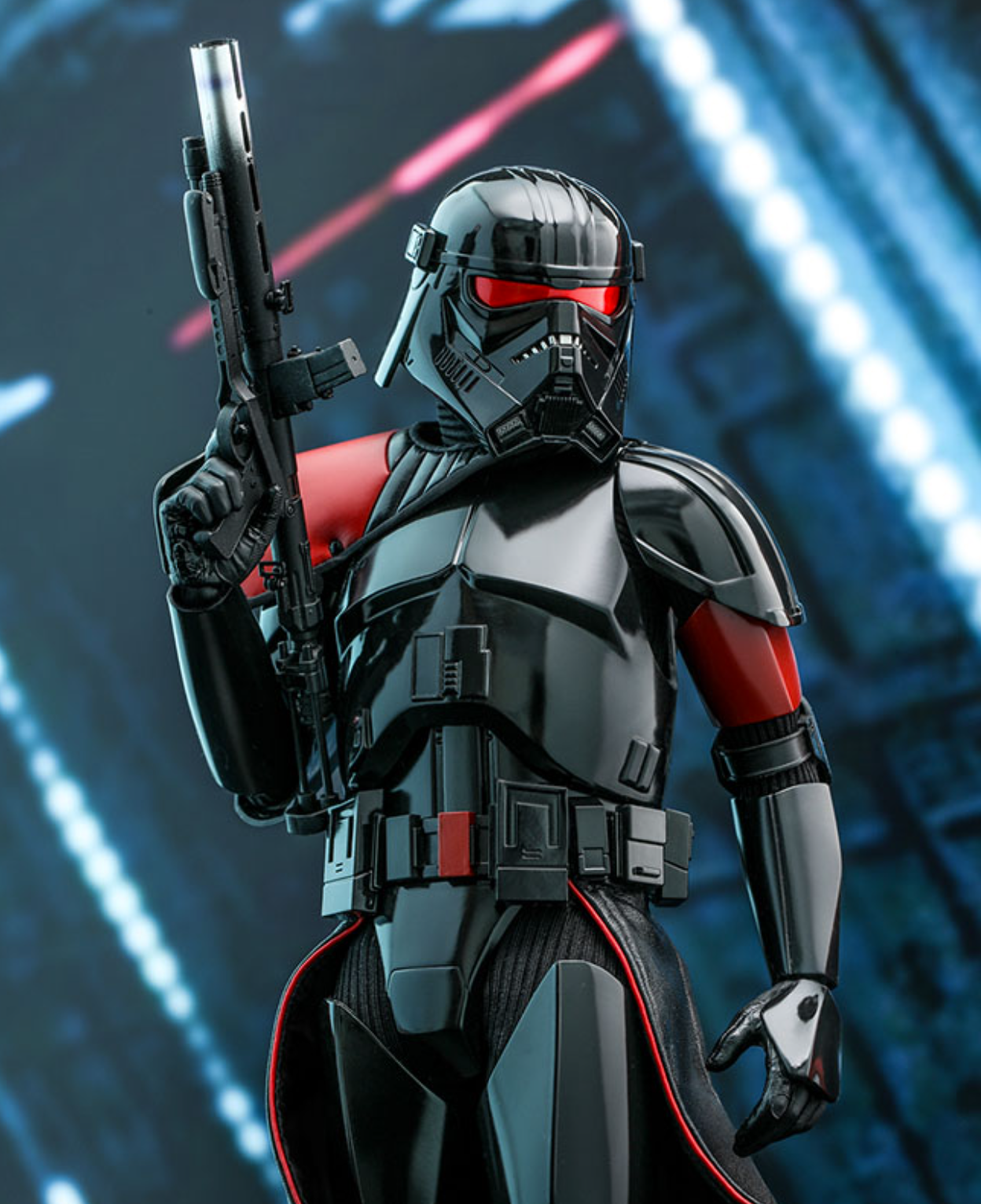 An Imperial Purge Trooper in phase II armor with an E-11D