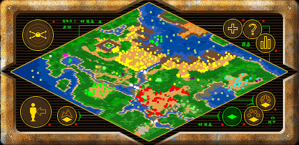 Full view of the minimap of the battle at the start of hard difficulty. Trade Federation forces are in gray and cyan, Naboo forces are in red, yellow, green, and orange.