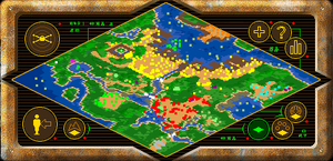 Full view of the minimap of the battle at the start of hard difficulty. Trade Federation forces are in gray and cyan, Naboo forces are in red, yellow, green, and orange.