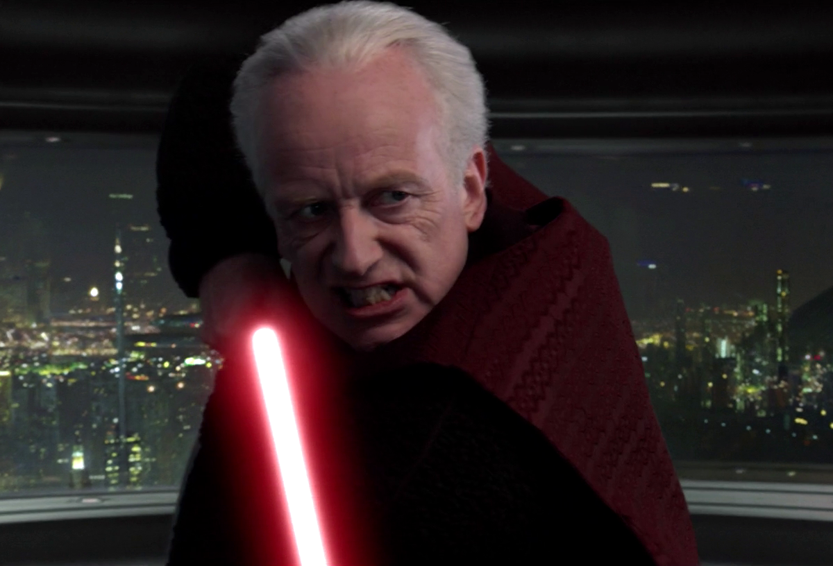 Darth Sidious brandishing his original lightsaber against the Jedi.