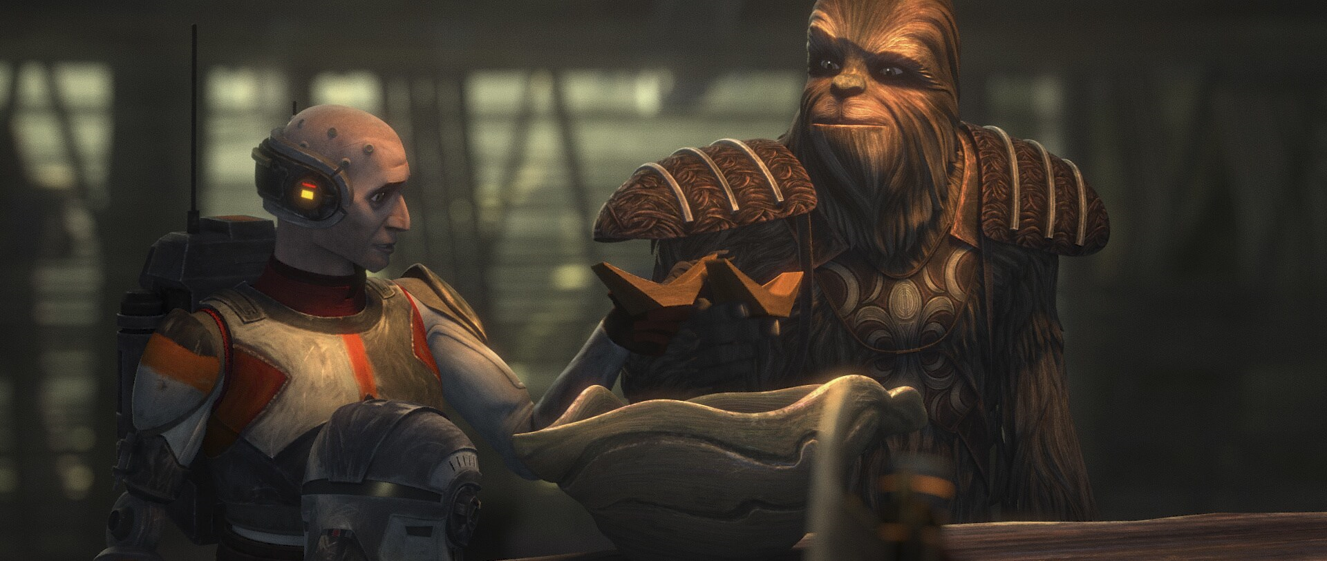 Echo and a Wookiee feasting in the Wookiee sanctuary after they defeated the Trandoshans.