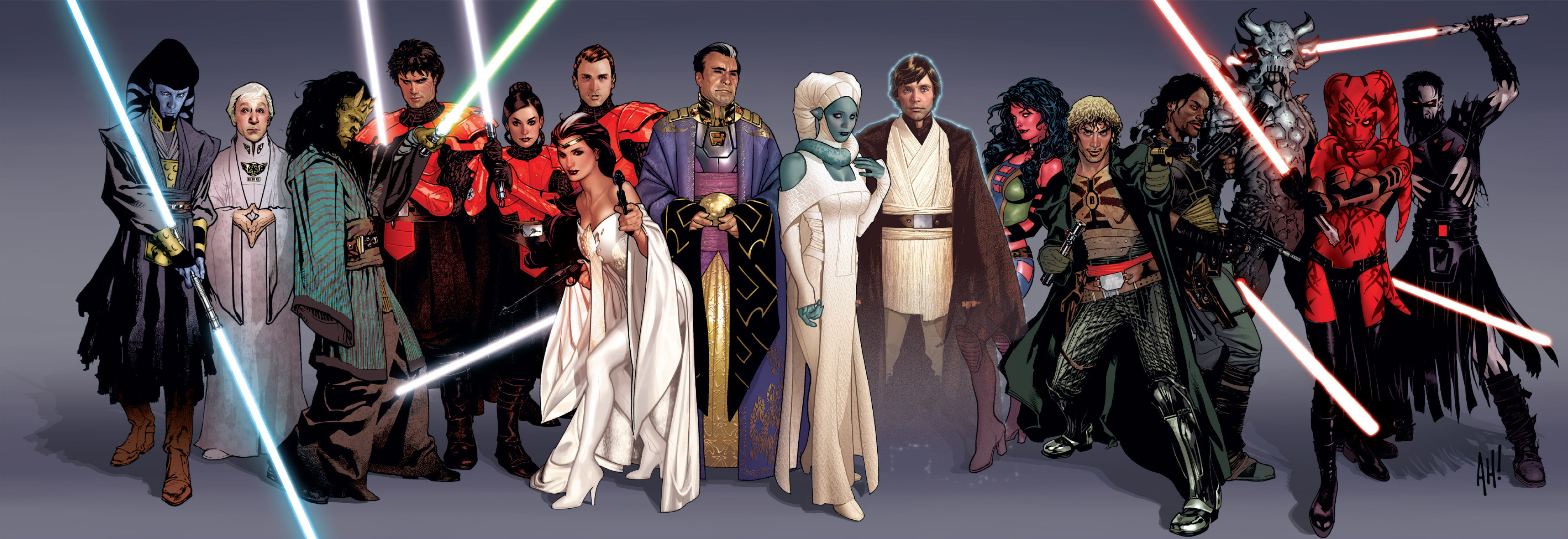 Legacy characters L-R: Shado Vao, Konrad Rus, Wolf Sazen, Antares Draco, Sigel Dare, Ganner Krieg, Marasiah Fel, Roan Fel, Astraal Vao, Luke Skywalker's Force ghost, Deliah Blue, Cade Skywalker, Jariah Syn, Darth Krayt, Darth Talon & Darth Nihl.