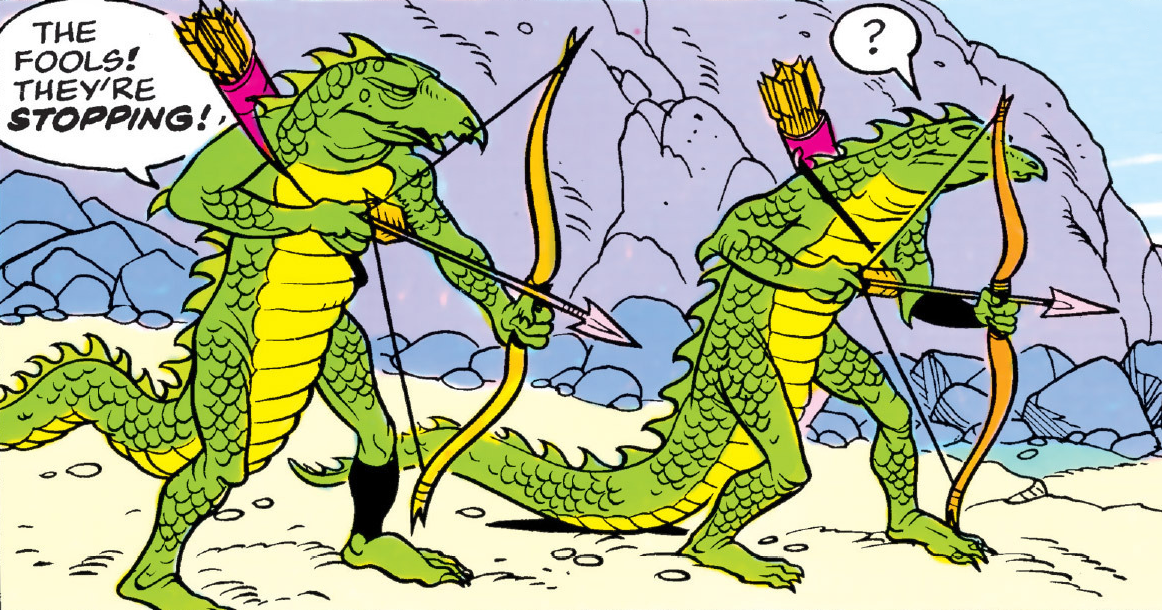 Lizard Warriors had long tails that lay on the ground when they stood.